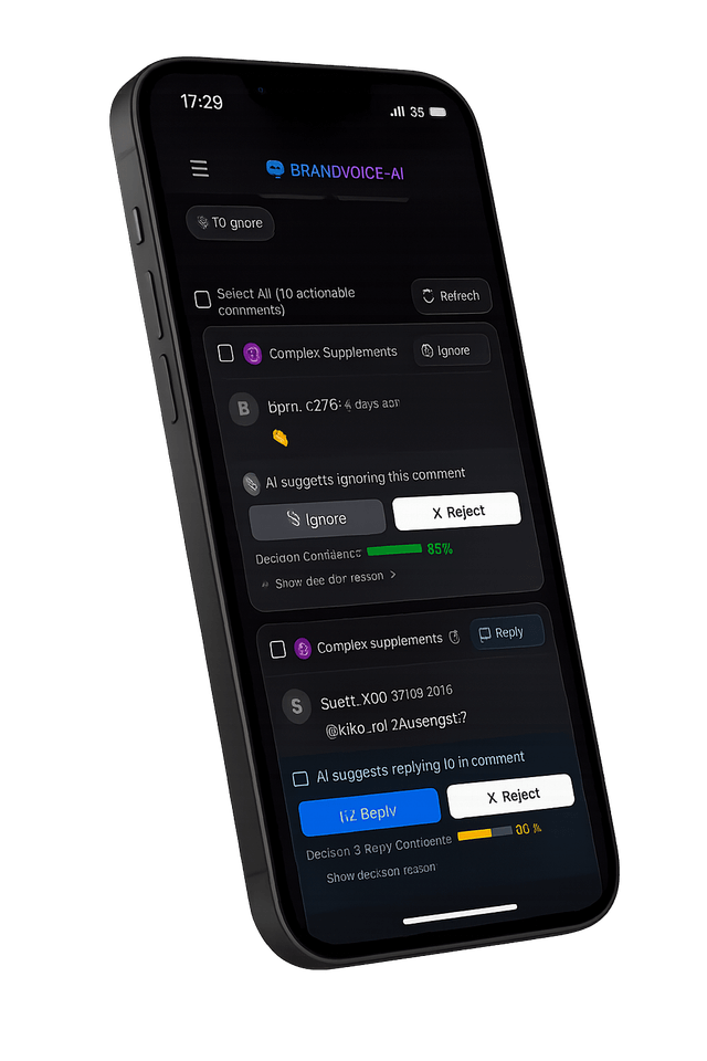 BrandVoice AI Mobile Interface showing comment moderation